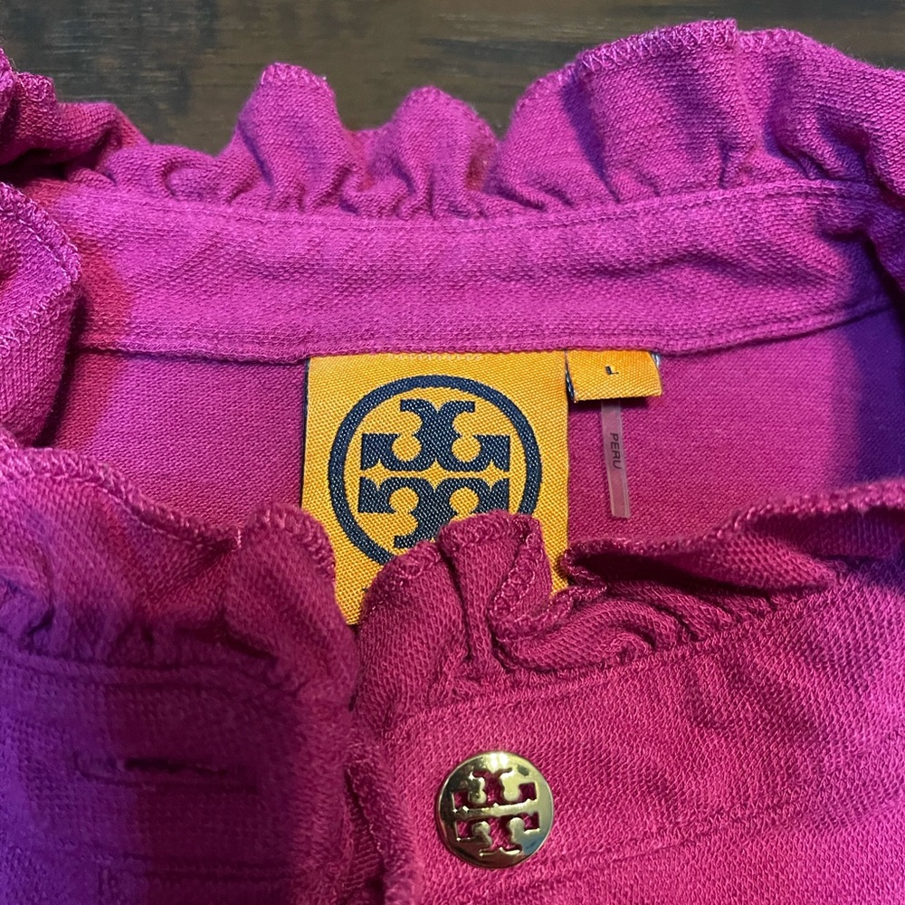 Tory Burch Women's L large Short-Sleeve Ruffle gold buttoned  polo magenta . - Picture 2 of 4